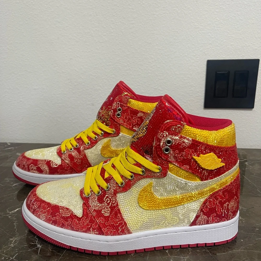 Custom Red, Yellow Rhinestone Crystal Nike Air Jordan Sneakers,Size Euro 41,